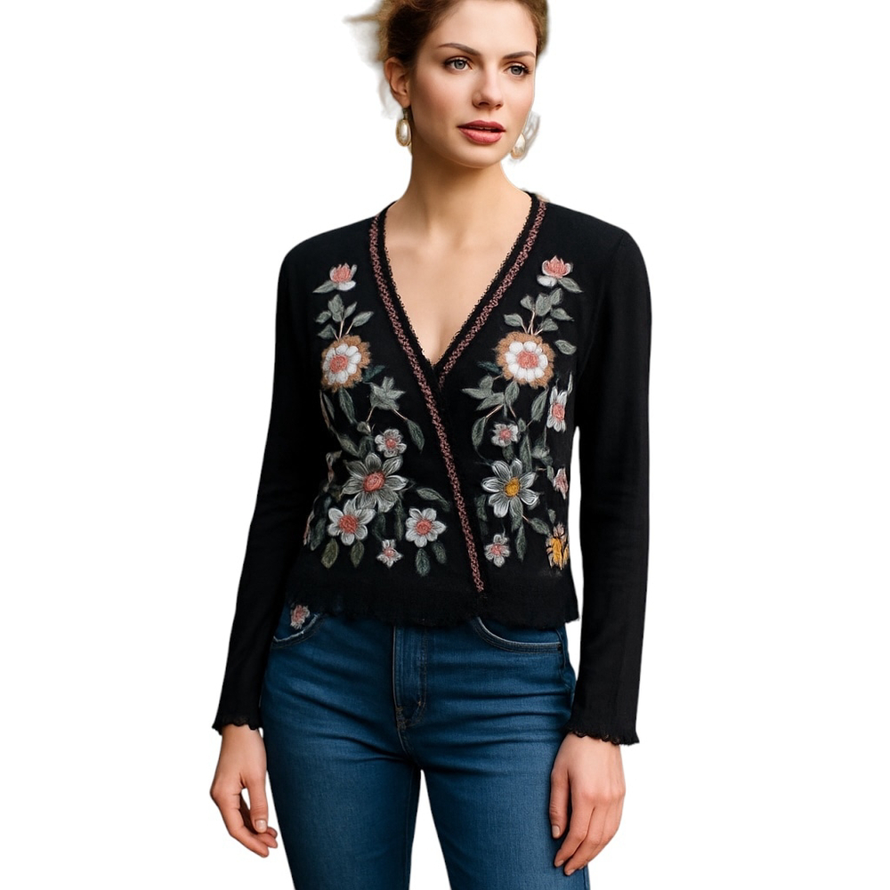 Mi Ami Ruby Embroidery Cropped Blouse Womens XS Black Floral Boho Long Sleeve